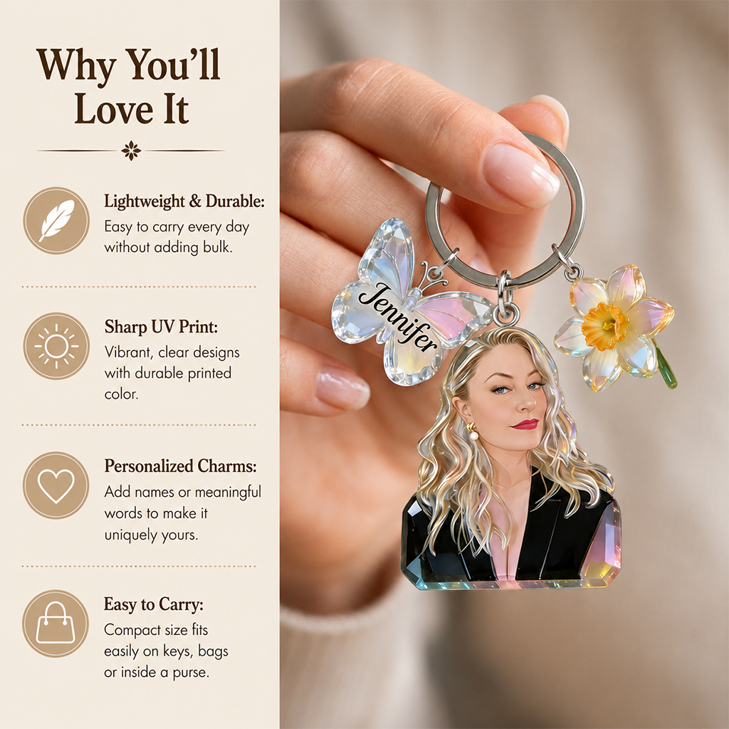 Custom Personalized Mom Portrait Keychain with Crystal Rose & Butterfly Charms, Sentimental Gift for Grandmother