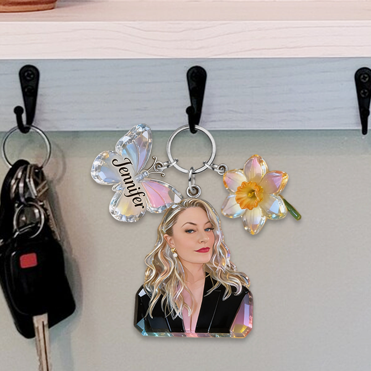 Custom Personalized Mom Portrait Keychain with Crystal Rose & Butterfly Charms, Sentimental Gift for Grandmother