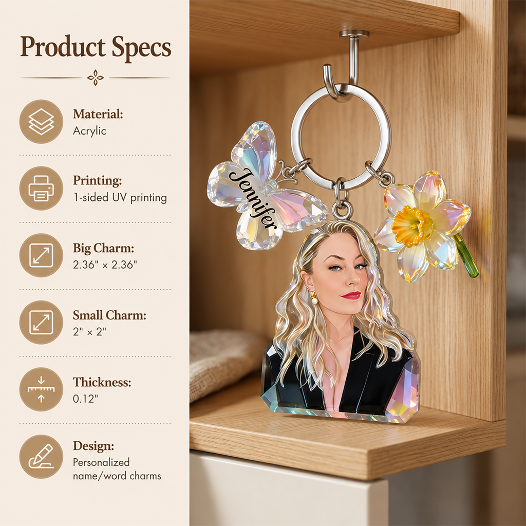 Personalized Custom Adult Woman Portrait Keychain, Custom Photo Name Rose & Butterfly Charm Self Love Gift