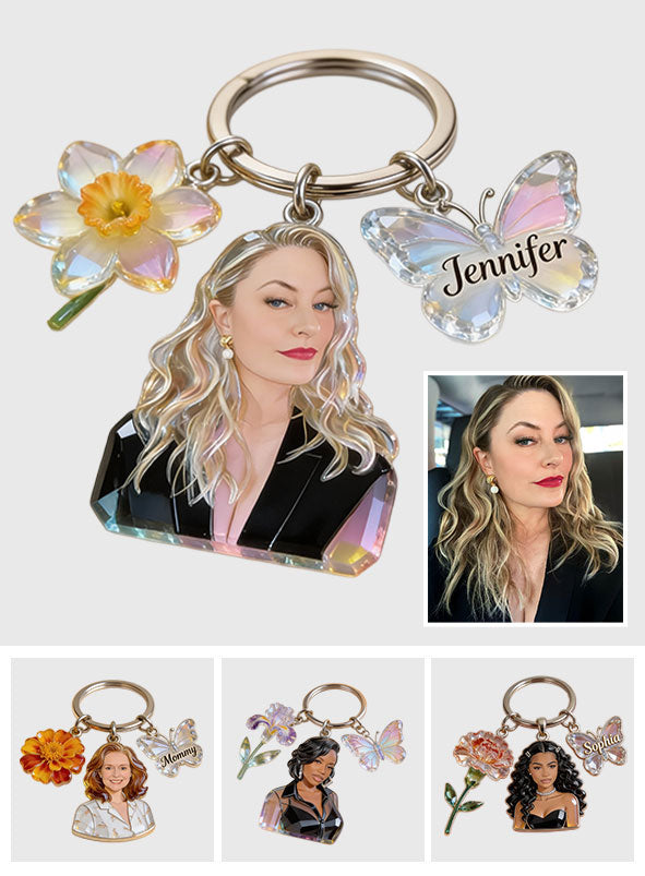 Personalized Black Mom Portrait Keychain - Custom Keepsake Gift For Grandma With Peony, Butterfly and Name Charms