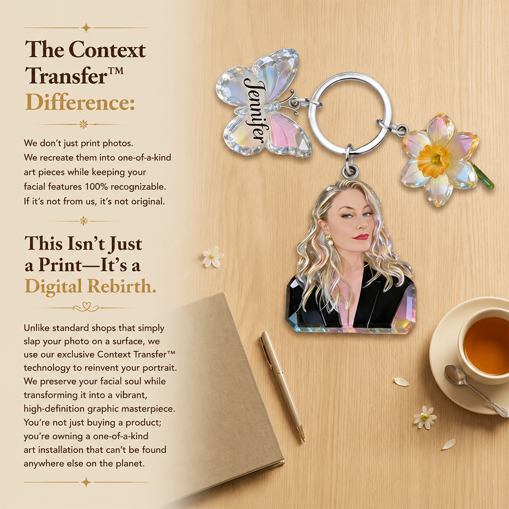 Custom Personalized Mom Portrait Keychain with Crystal Rose & Butterfly Charms, Sentimental Gift for Grandmother