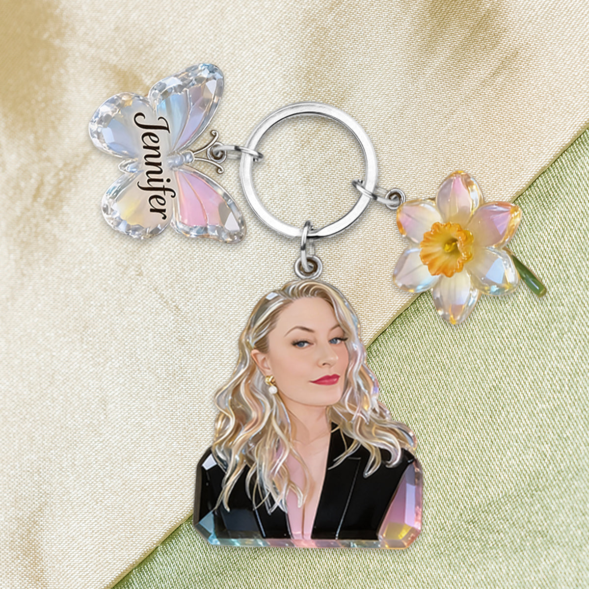 Custom Personalized Mom Portrait Keychain with Crystal Rose & Butterfly Charms, Sentimental Gift for Grandmother