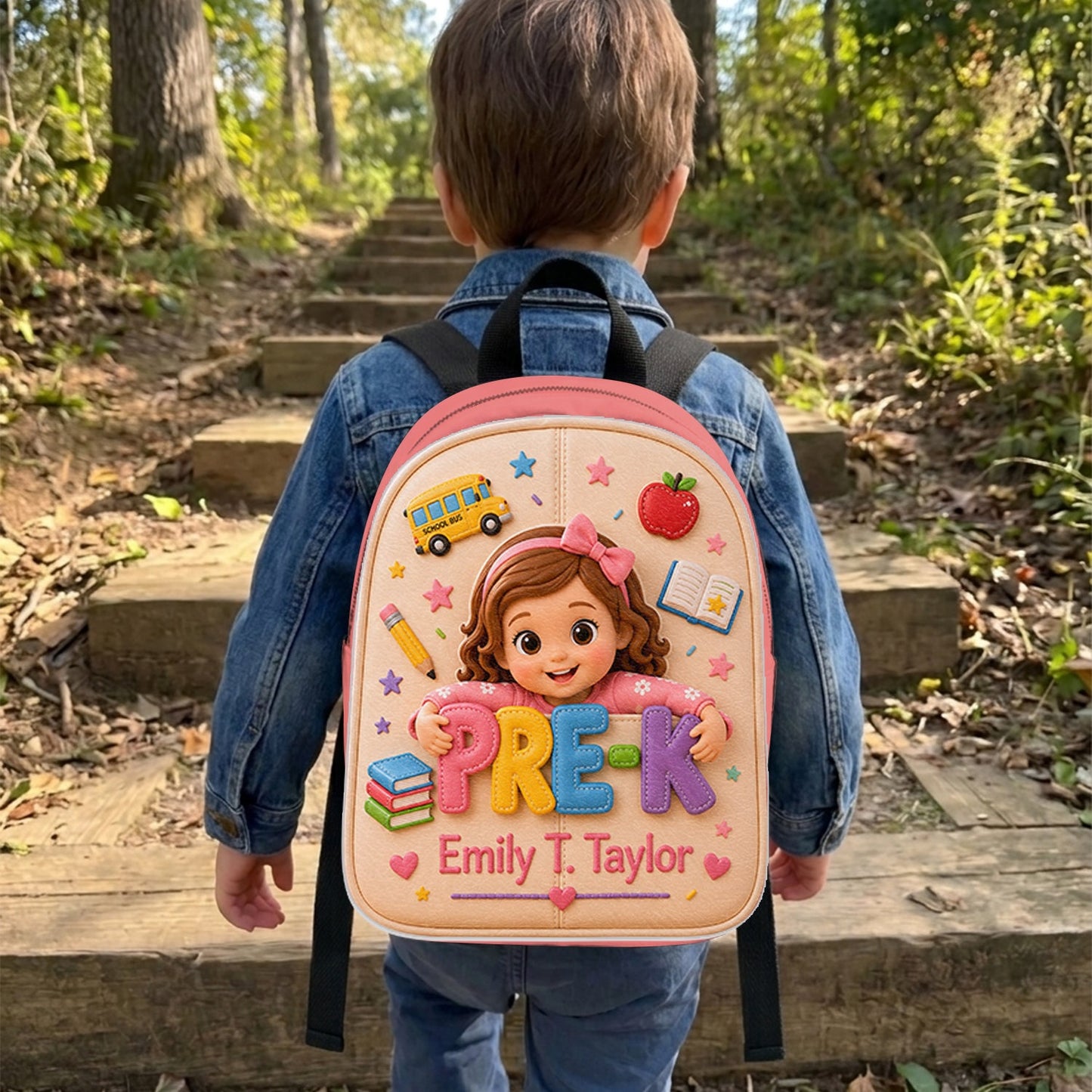 Personalized Curly Haired Little Boy Pre-K Backpack, Custom Back To School Gift for Kids, Removable Leather Patch School Bag