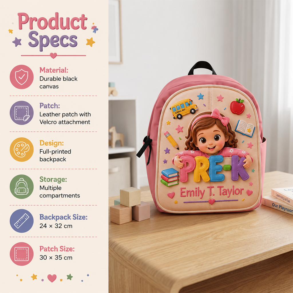Cute Personalized Little Girl Pre-K Backpack, Custom Name Leather Patch Back to School Gift for Kids