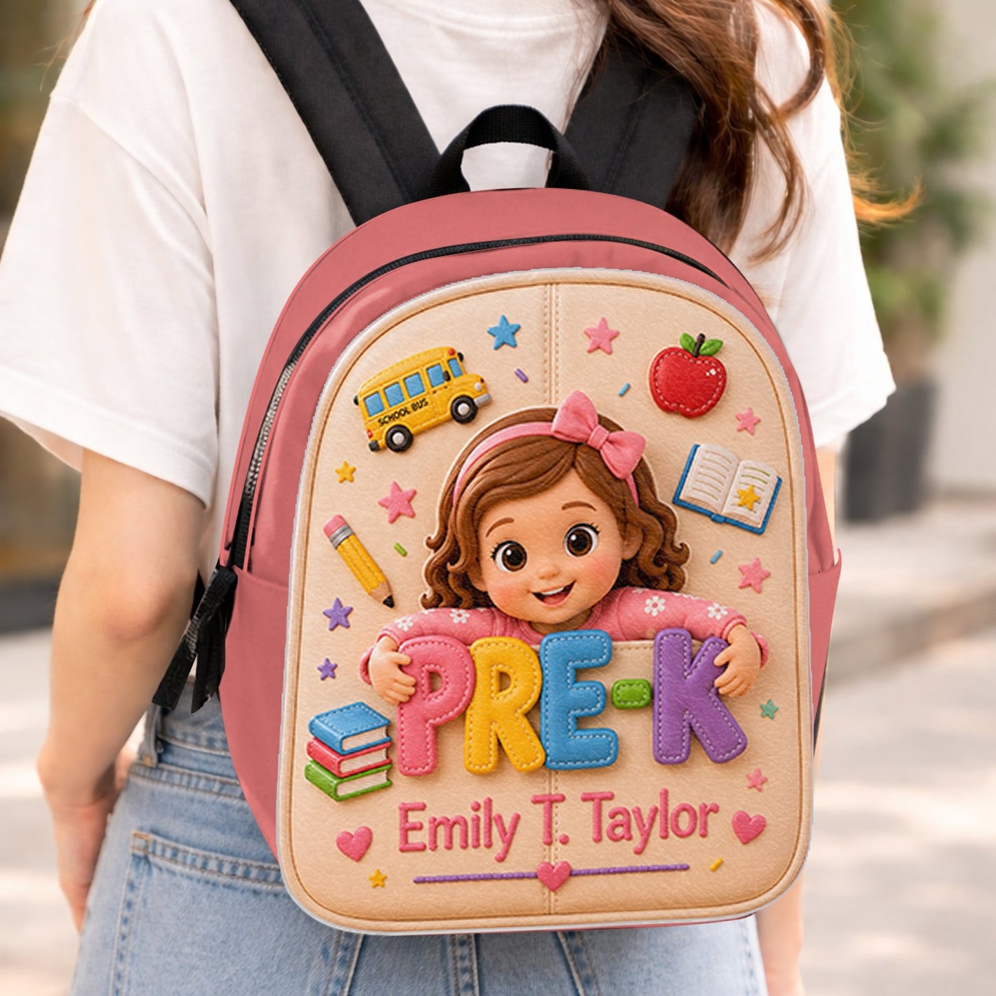 Cute Personalized Little Girl Pre-K Backpack, Custom Name Leather Patch Back to School Gift for Kids