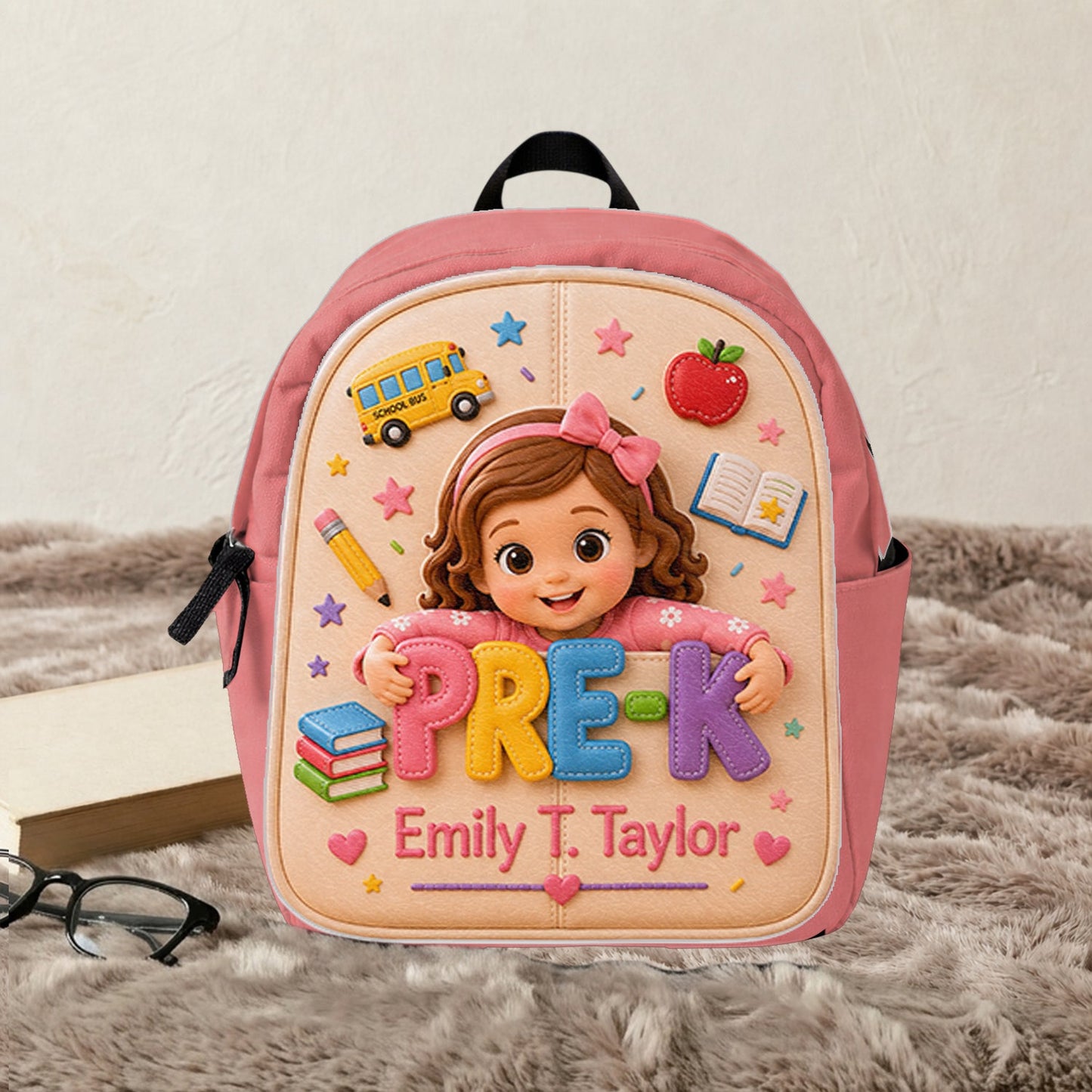 Cute Personalized Little Girl Pre-K Backpack, Custom Name Leather Patch Back to School Gift for Kids