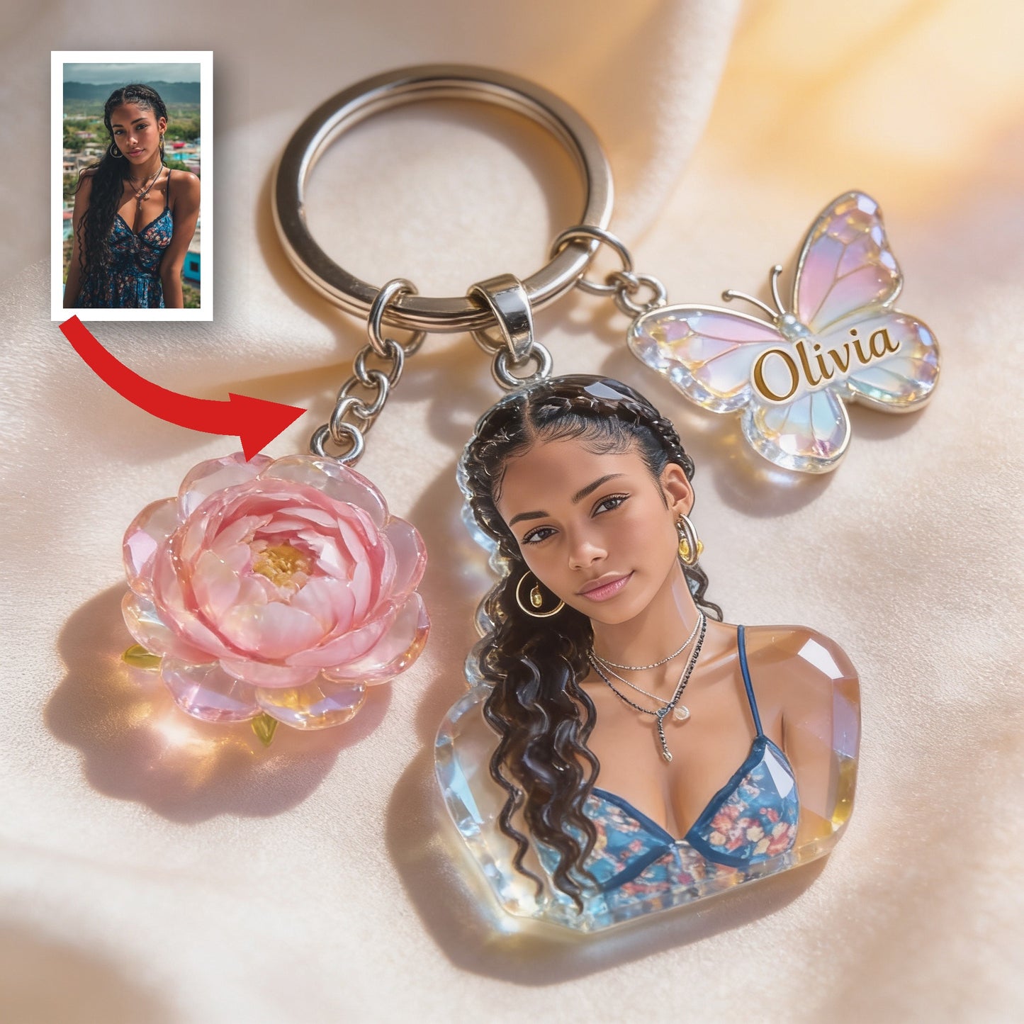 Personalized Latin Woman Portrait Acrylic Keychain Custom Name Peony Butterfly Charm Self Love Gift for Her