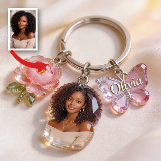 Porte-clés Portrait Femme Noire Personnalisé - Fleur de Naissance & Charme Nom Cadeau Souvenir Amour de Soi