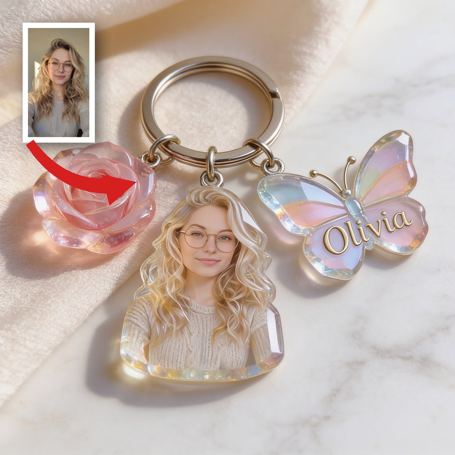 Personalized Custom Adult Woman Portrait Keychain, Custom Photo Name Rose & Butterfly Charm Self Love Gift