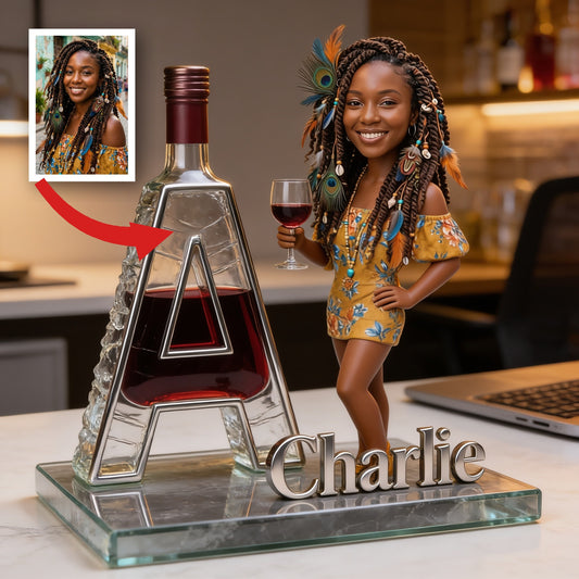 Plaque Acrylique Personnalisée en Forme Unique | Femme Noire Amatrice de Vin Élégante avec Verre, Cadeau Décoratif de Bureau