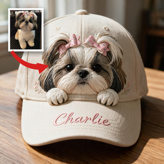 Personalized Cute Fluffy Shih Tzu Pink Bow Classic Cap, Custom Hat Gift for Shih Tzu Dog Mom and Pet Owners