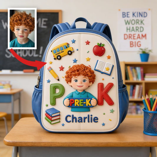 Personalized Curly Haired Little Boy Pre-K Backpack, Custom Back To School Gift for Kids, Removable Leather Patch School Bag