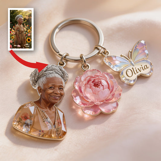 Personalized Smiling Black Grandma Portrait Keychain Custom Birth Flower Name Charm Thoughtful Grandmother Gift