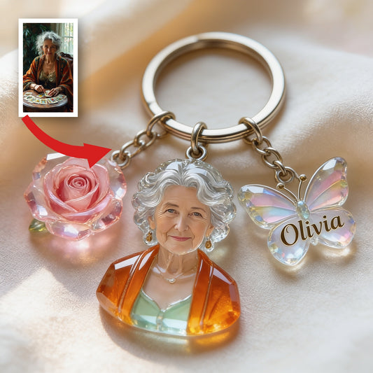 Personalized Crystal Latina Grandma Portrait Keychain - Custom Name Rose Butterfly Charm Sentimental Gift for Grandmother