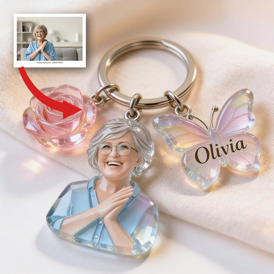 Custom Personalized Mom Portrait Keychain with Crystal Rose & Butterfly Charms, Sentimental Gift for Grandmother