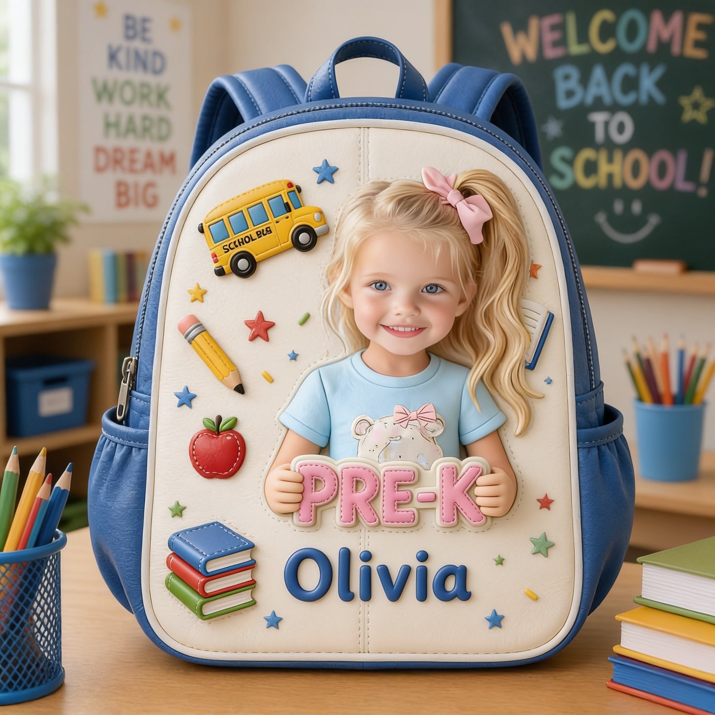 Cute Personalized Little Girl Pre-K Backpack, Custom Name Leather Patch Back to School Gift for Kids
