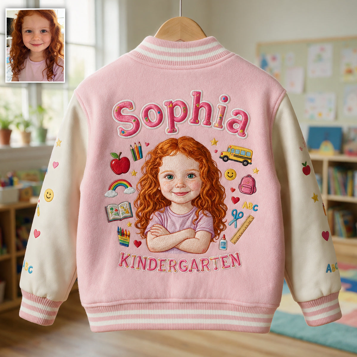 Personalized Little Boy Back To School Varsity Jacket Custom Photo, Name & Grade Embroidered Kids School Gift