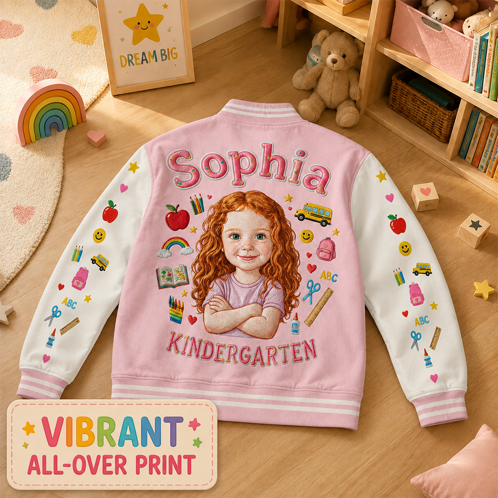 Personalized Little Boy Back To School Varsity Jacket Custom Photo, Name & Grade Embroidered Kids School Gift