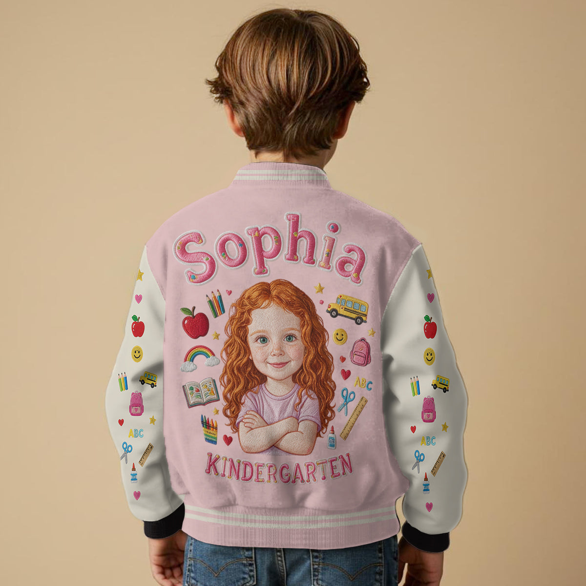 Personalized Little Boy Back To School Varsity Jacket Custom Photo, Name & Grade Embroidered Kids School Gift