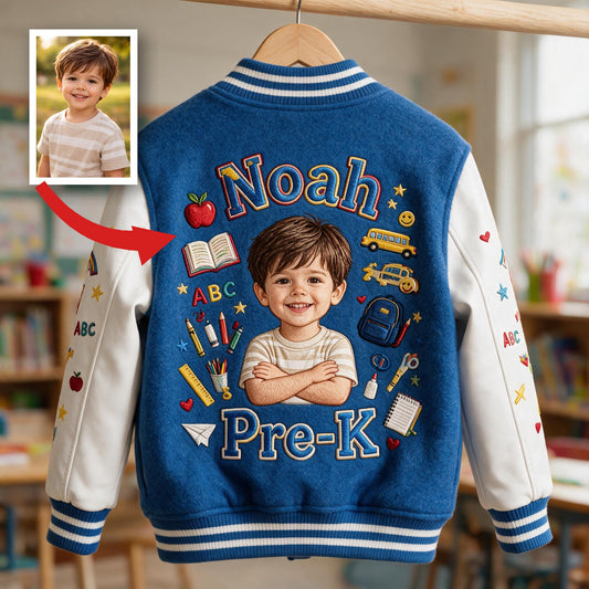 Personalized Little Latina Boy Back to School Varsity Jacket Custom Photo Name Grade First Day of School Kids Gift