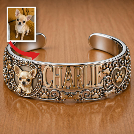 Personalized Tan Short-Haired Chihuahua Cuff Bracelet Custom Name Jewelry Gift for Chihuahua Lovers