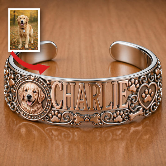 Personalized Golden Retriever Cuff Bracelet Custom Name Pet Jewelry Gift for Dog Lovers and Golden Retriever Owners