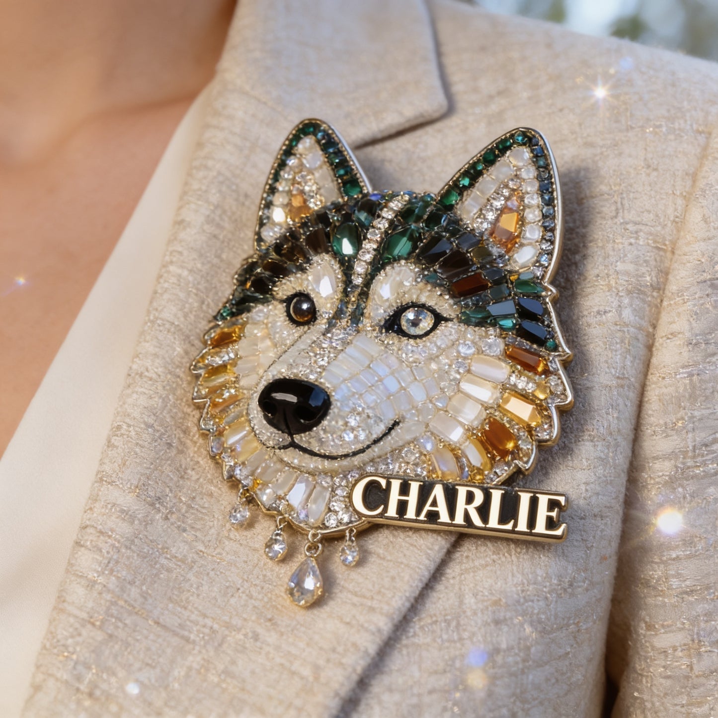 Personalized Bejeweled Siberian Husky Pin Custom Name Gift for Dog Lovers Jacket Backpack Accessory