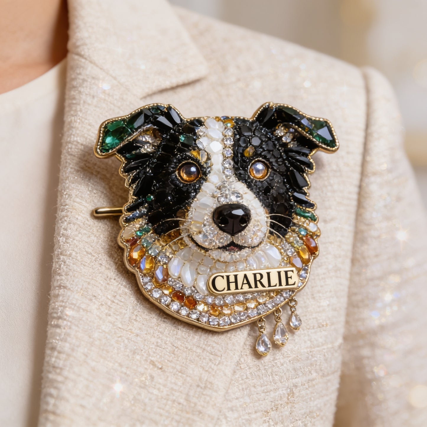 Personalized Jeweled Border Collie Enamel Pin, Unique Custom Gift for Pet Lovers Dog Owner Jacket Backpack Accessory