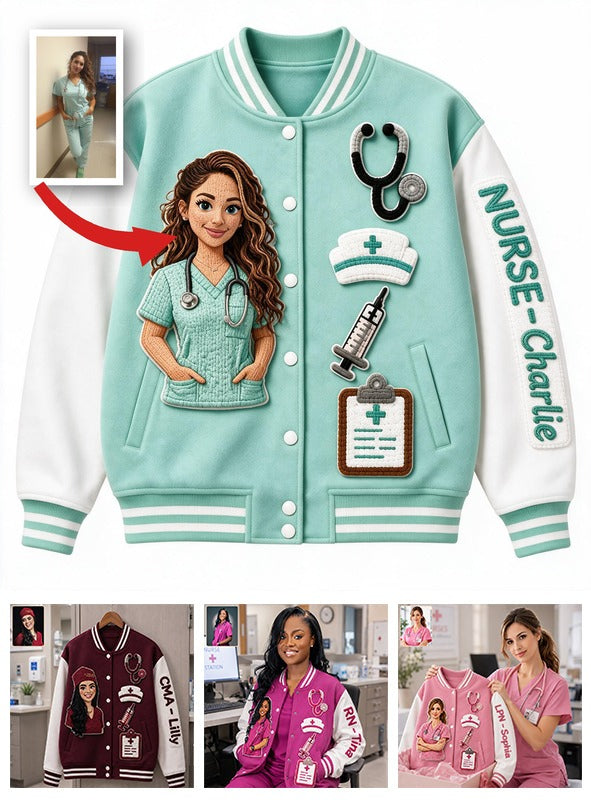Personalized Latina Nurse Life Varsity Jacket Custom Embroidered RN Gift for Nursing Staff Healthcare Workers