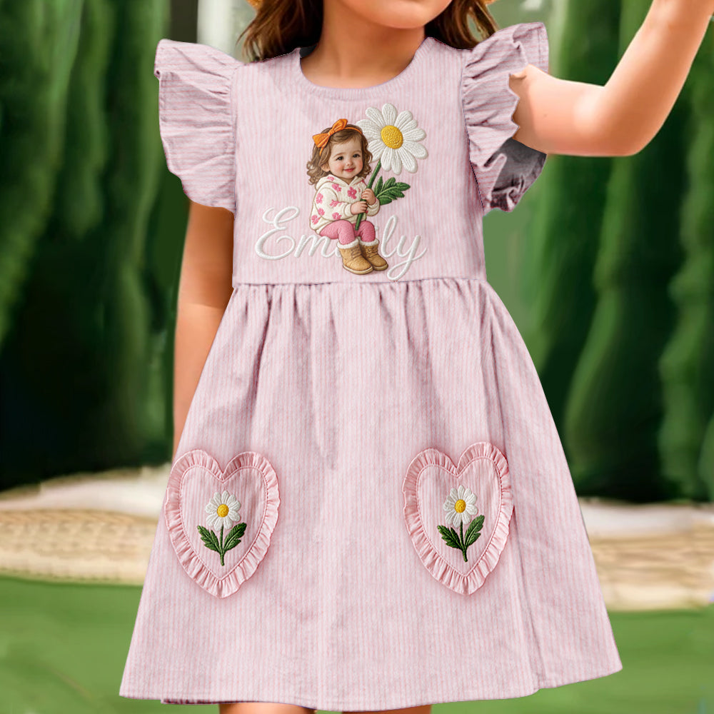 Personalized 3 Year Old Girl Pink Ruffle Sleeve Little Black Girl Dress Custom Embroidered Portrait Birth Flower Perfect Gift for Daughter Niece