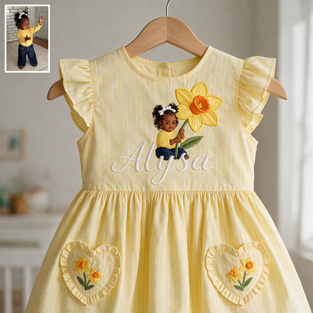 Personalized 4 Year Old Black Girl Pink Ruffle Sleeve Toddler Girl Dress, Custom Embroidered Little Girl Peony Design Keepsake Gift For Kids