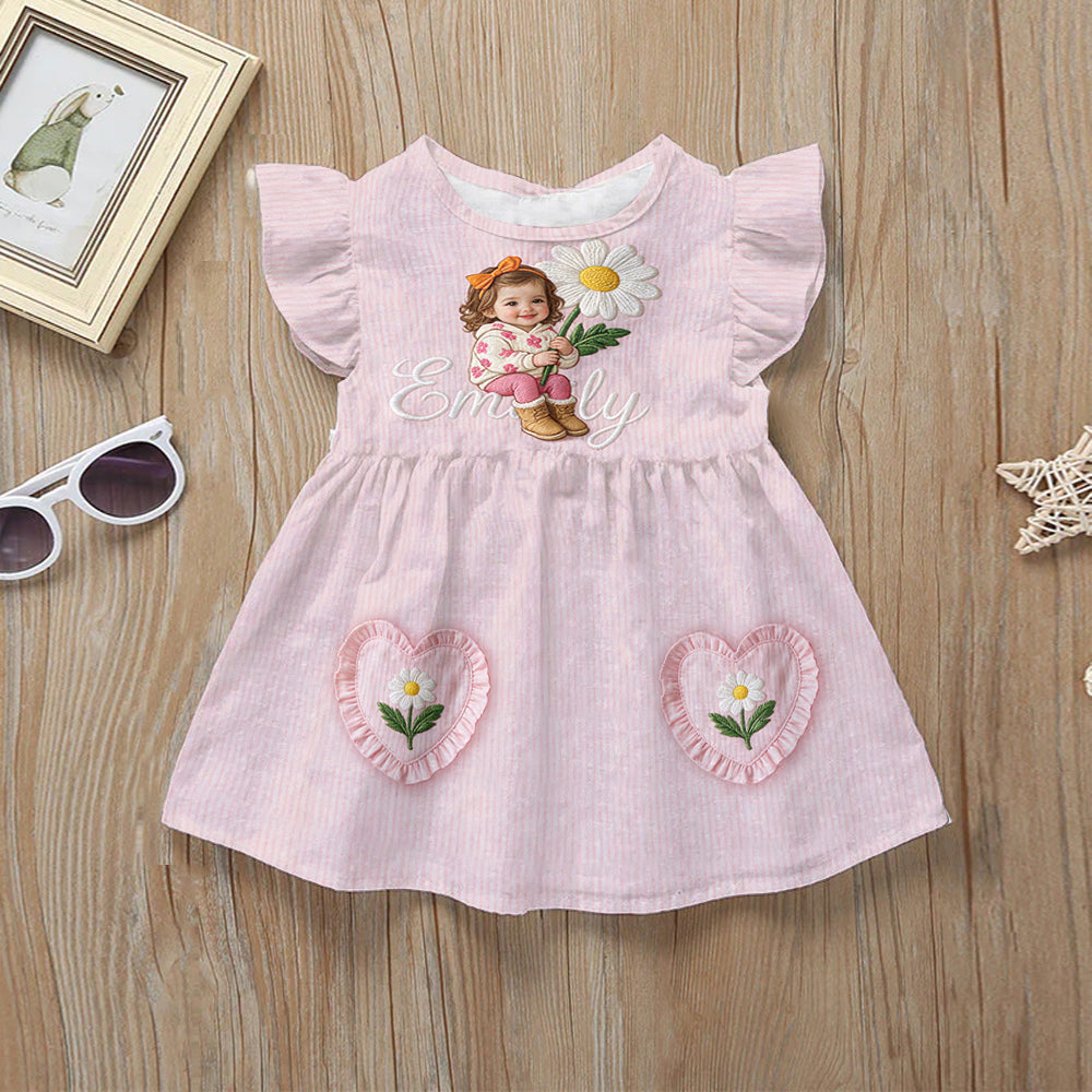 Personalized 4 Year Old Black Girl Pink Ruffle Sleeve Toddler Girl Dress, Custom Embroidered Little Girl Peony Design Keepsake Gift For Kids