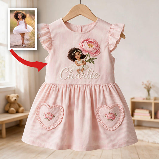 Robe Personnalisée Fille Latina 4 Ans à Manches Volantes Roses, Design Pivoine Brodé, Cadeau d'Anniversaire Enfant Attentionné