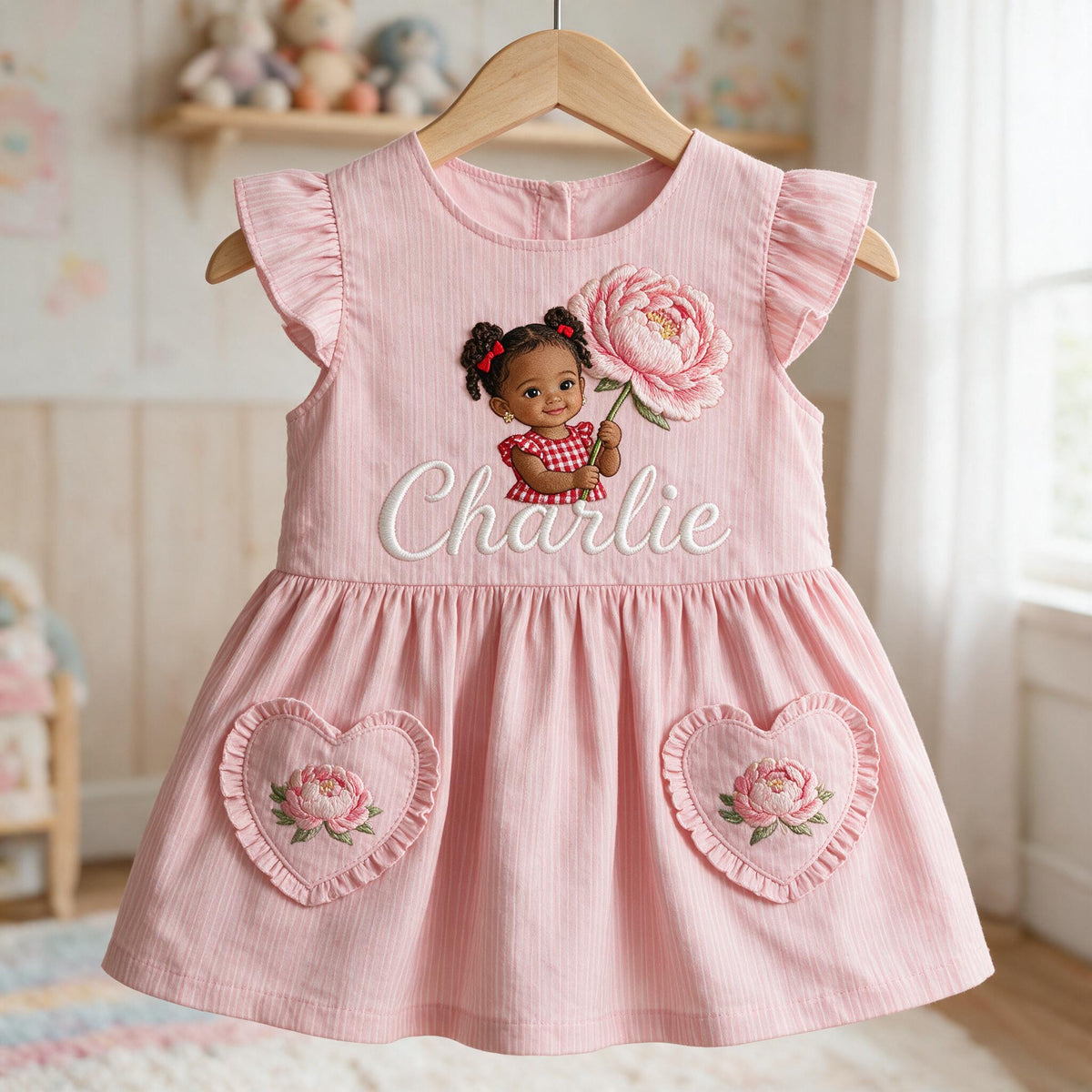 Custom Personalized 2 Year Old Girl Pink Ruffle Sleeve Toddler Dress, Embroidered Little Girl Peony Birth Flower Gift for Kids