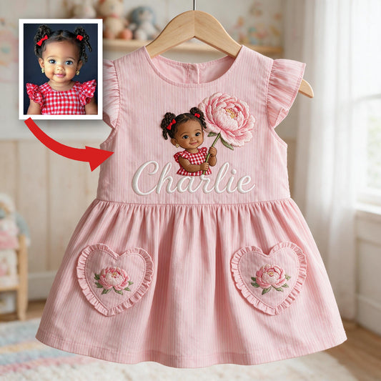 Robe Personnalisée Fille de 2 Ans à Manches Volantes Roses, Cadeau Fête de Naissance Fille Pivoine Brodée