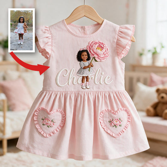 Robe Personnalisée Fille Noire de 4 Ans avec Manches Volantes Roses, Cadeau Souvenir Brodé pour Enfants