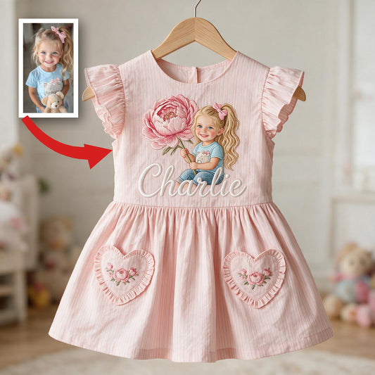 Robe Personnalisée Fille 2 Ans à Manches Volantes Roses | Cadeau d'Anniversaire Brodé pour Petites Filles