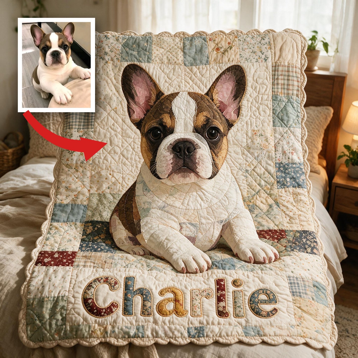 Patchwork French Bulldog Personalized Fleece Blanket, Cozy Custom Pet Lover Gift Soft Shaped Throw for Home Travel & Gifting