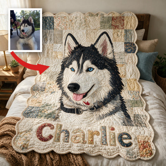 Couverture en Fleece Patchwork Husky Sibérien aux Yeux Bleus Personnalisée, Cadeau Confort pour Propriétaires de Chiens