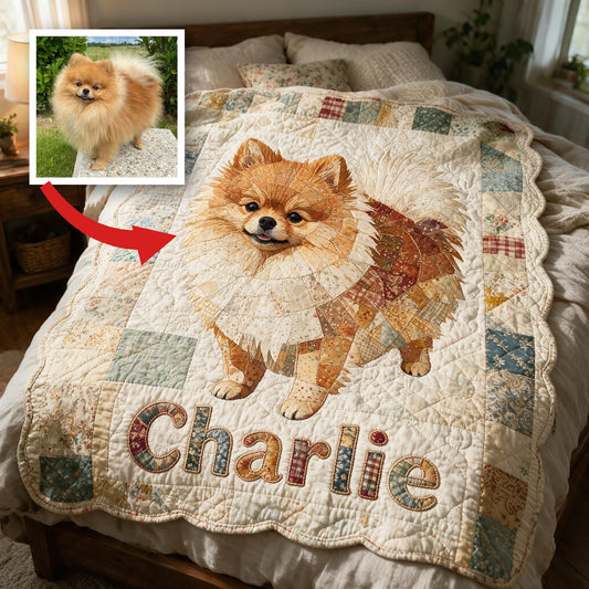 Couverture en polaire patchwork personnalisée Pomeranian orange, cadeau mignon pour les amoureux des chiens