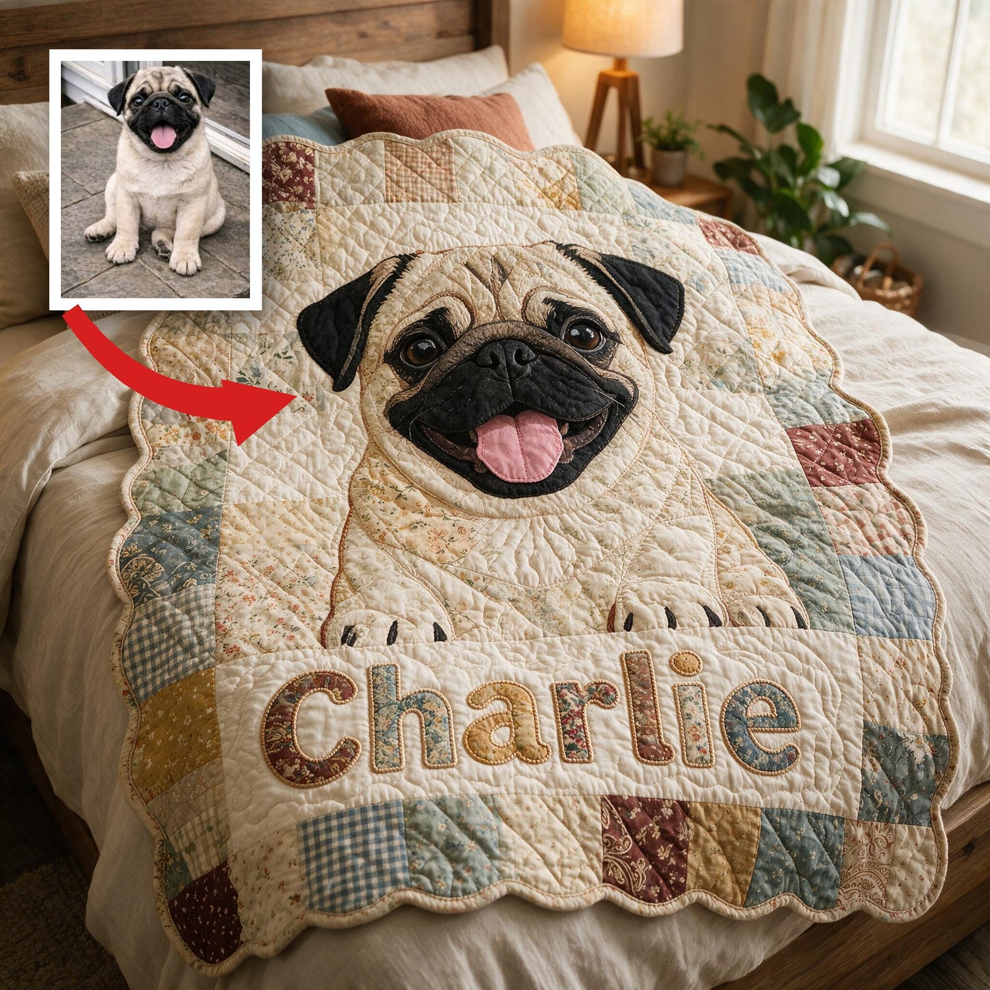 Happy Smiling Fawn Pug Shaped Personalized Patchwork Fleece Blanket - Cozy Gift For Pug Lovers & Dog Owners