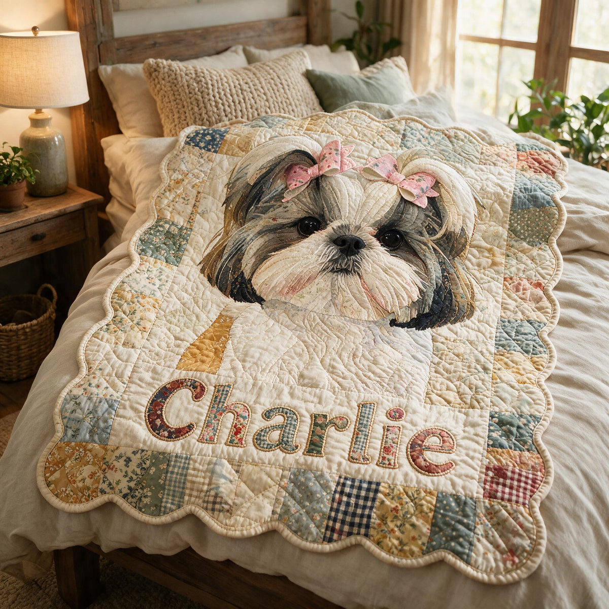 Cute Long Haired Shih Tzu Personalized Patchwork Fleece Blanket, Cozy Gift for Dog Lovers Pet Owner Home Decor