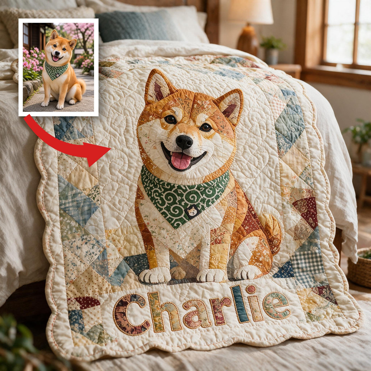 Personalized Smiling Japanese Shiba Inu Patchwork Fleece Blanket, Cozy Gift for Shiba Inu Dog Lovers Home Decor