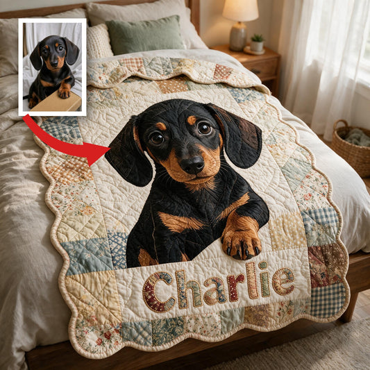 Couverture en polaire patchwork personnalisée pour Dachshund noir et feu | Cadeau personnalisé pour les amoureux des Dachshunds