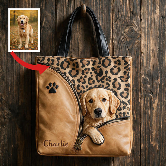 Sac fourre-tout personnalisé Golden Retriever avec nom, imprimé léopard