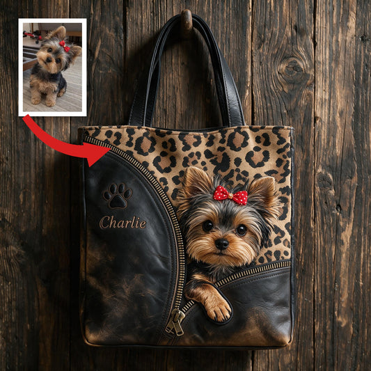 Sac fourre-tout personnalisé Yorkshire Terrier avec motif léopard