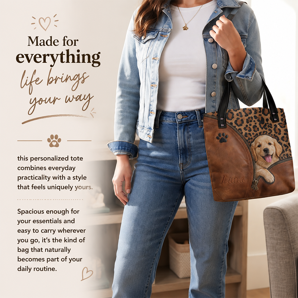 Personalized Peeking Dachshund Tote Bag, Custom Dog Lover Gift Stylish Leopard Print Pet Carryall for Everyday Use