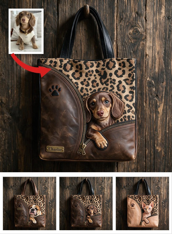 Personalized Peeking Dachshund Tote Bag, Custom Dog Lover Gift Stylish Leopard Print Pet Carryall for Everyday Use