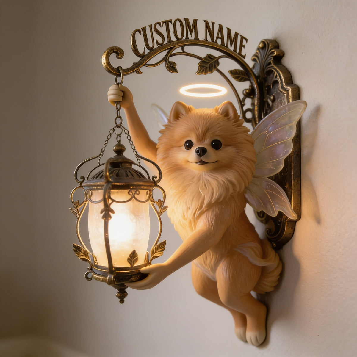 Personalized Fluffy Pomeranian Fairy Lantern Wooden Wall Mount Sign, Cute Dog Lover Home Decor Gift