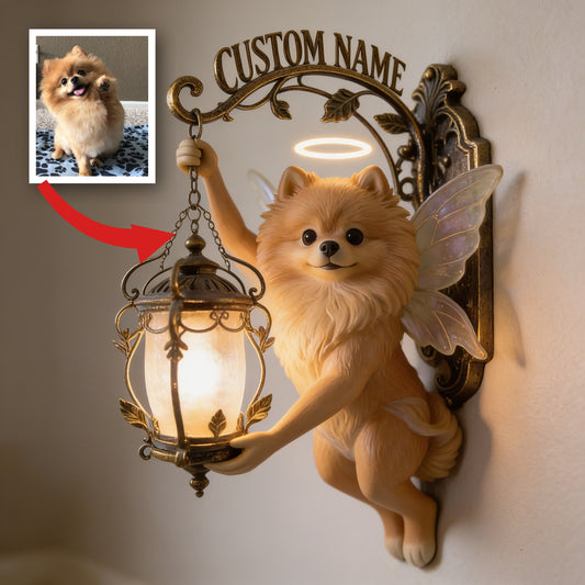 Panneau mural en bois personnalisé avec lanterne féerique Pomeranian